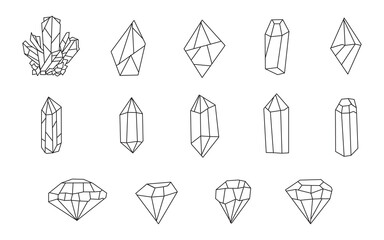 set of 14 elements of a clipart with hand-drawn crystals and diamonds. For the scheduler, the log. Hand-drawn design. Cute vector illustration design.