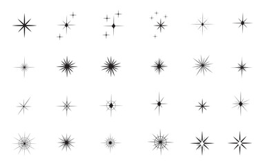 Stars flat line icons set. Starry night, falling star, firework, twinkle, glow, glitter burst vector illustrations.