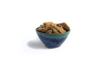 Freeze Dried Beef Chunks in Blue Pottery Bowl