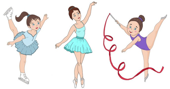 A set of three athletes:  figure skater,  ballerina and a gymnast. Colorful illustration in cartoon style. Hand  drawn. Closeup. Template.
