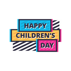 happy children's day blue pink yellow flat label