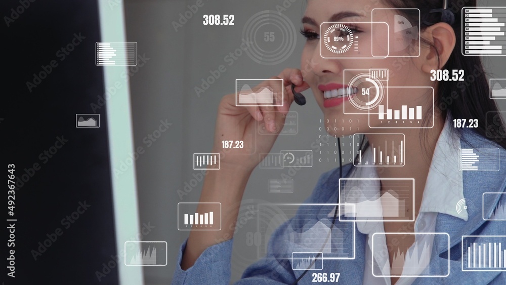 Poster customer support call center provide data in conceptual vision . business and communication technolo