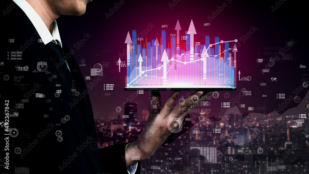 Poster double exposure image of business and finance conceptual - businessman with report chart up forward 