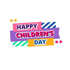 happy children's day pink purple yellow flat label