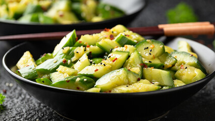 Smashed cucumber spicy Asian style salad with soy sauce dressing, chilli flakes, garlic and sesame seeds