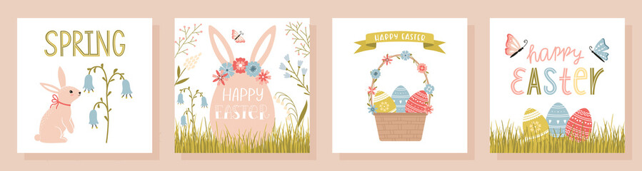 A set of Easter greeting cards in a cute cartoon style with handwritten inscriptions. Hand lettering, flowers, eggs, bunnies, basket with decorated eggs, grass. Square vector illustrations on white.
