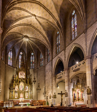 Barcelona, Spain - March 11, 2022. The church of San Raimundo de Pe&ntilde;afort, also known as the church of Santa Maria de Montsio, or simply Montsio. Barcelona, Catalonia, Spain.