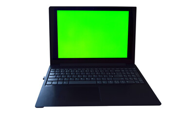 laptop with green screen on white isolated background