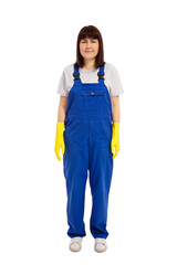 young female cleaner in blue uniform and yellow gloves isolated on white background