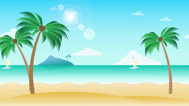 Beautiful beach landscape animation with palm trees - boat moving along sea. Seamless loopable background.