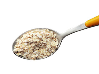 Oatmeal grains teaspoon closeup on white background.