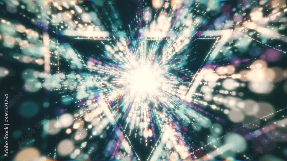 Poster vj tunnel video for edm music animation. audio visual triangle glowing abstract background with neon