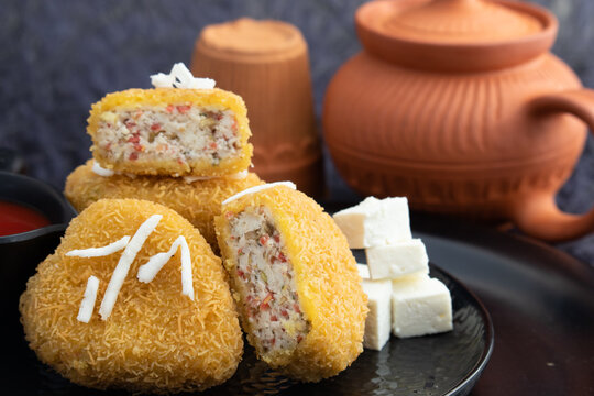 Heart Shaped Veg Paneer Cutlet Tikki With Bhujia Sev Coating Made Of Indian Cottage Cheese Crumbled Panir Spices Maida Green Vegetables Like Carrot, Beans, Cabbage, Capsicum, Sweet Corn And Mix Herbs