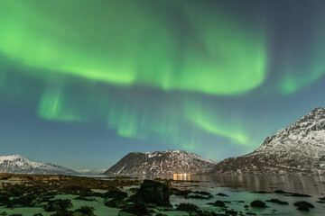 Fototapeta na wymiar mountain, fjord and aurora