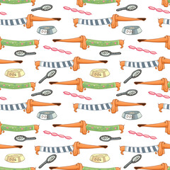 dachshund in clothes, cute seamless pattern orange, ginger dachshund in green with hearts and a striped sweater, vector illustration isolated on white background