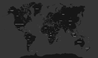 night view world map. Dark vector world map. Country names are highlighted in white letters.