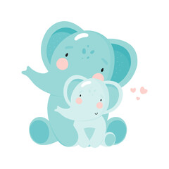 Cute Elephant with baby. Cartoon style. Vector illustration. For kids stuff, card, posters, banners, children books, printing on the pack, printing on clothes, fabric, wallpaper, textile or dishes.