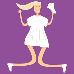 A bride with a bouquet in a white wedding dress is jumping with happiness. Vector illustration.