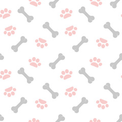 Fototapeta na wymiar Animal cartoon vector seamless pattern with pet design elements. Dog bone and paw print icon.