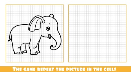 Cute cartoon little elephant outlined the game repeat the picture in the cells