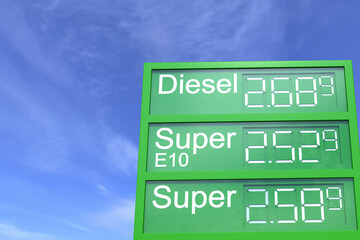 Fototapeta premium 3d Illustation - Tankstellenanzeigetafel - Spritpreise - Teuer - Sprit - Benzin - Diesel