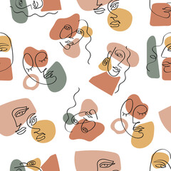 Modern abstract faces seamless pattern. Glamour beauty line art. Minimalistic concept. Colored vector seamless pattern. Pastel colors. Female face one line drawing.