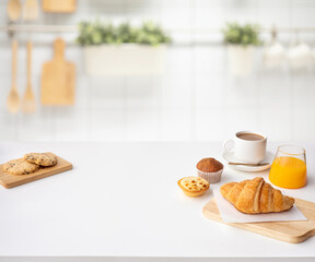 Set of breakfast food or bakery,cake on table kitchen background.cooking and eating with healthy