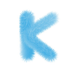 Feathered letter K font vector. Easy editable letters. Soft and realistic feathers. Blue, fluffy, hairy letter K, isolated on white background.