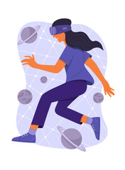 Woman Wearing the Virtual Reality Glasses to Watching the Cosmic Simulation.