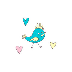 Postcard. Children's cartoon illustration. Birdie. Print on a mug or clothes. Lovely colors. Flowers. White isolated background. Vector hand drawn stock illustration. Doodles