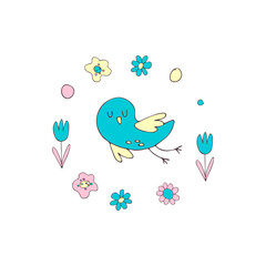 Postcard. Children's cartoon illustration. Birdie. Print on a mug or clothes. Lovely colors. Flowers and hearts. White isolated background. Vector hand drawn stock illustration. Doodles