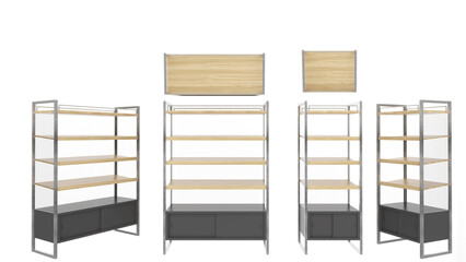 gray cabinet, black steel frame on white background,wooden shelf cabinet, top view, side, 3d rendering