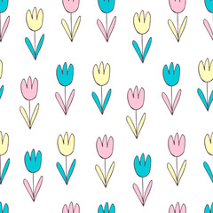 floral seamless pattern. Colored doodles. Vector hand drawn stock illustration. White background. Stylized cute cartoon tulips. Print. Pattern for fabric or wrapping paper. Background.