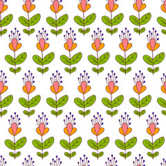 floral seamless pattern. Colored doodles. Vector hand drawn stock illustration. White background. Stylized cute cartoon flowers. Print. Pattern for fabric or wrapping paper. Background.