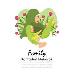 Flat Illustration - a Family Moment, a Mother with his Two Children Joking on a Green Background, this Image Can Be Used for Poster Prints, Flyers, Posts, Ramadan, and Family Theme Designs.