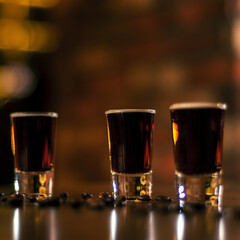 coffee shoots on bar wooden table square
