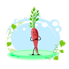 Cute carrot character. Location. Cartoon style. Card for teaching children. Vector stock illustration..
