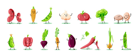 Set of funny vegetables with faces. Location. Vector stock illustration. White background. Onions, garlic, carrots, eggplant, cucumber, zucchini, beans, peas, corn, broccoli, potatoes, peppers, beets.