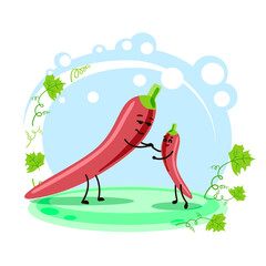 Cute character hot chili peppers, couple. Location. Cartoon style. Card for teaching children. Vector stock illustration. Chilli.
