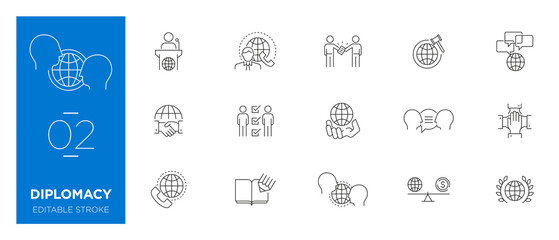 Set of Diplomacy line icons - Editable stroke - obrazy, fototapety, plakaty