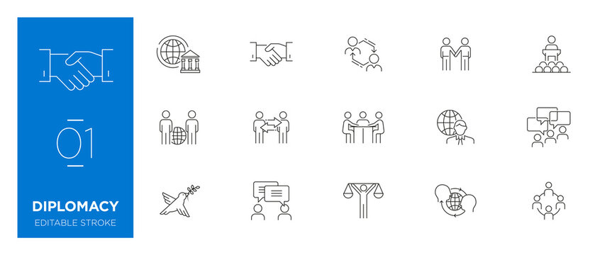 Set of Diplomacy line icons - Editable stroke