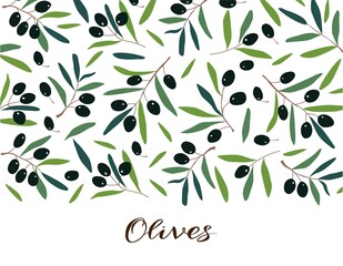 Frame in the form of a strip with olives. Vector template for logo, label, card, invitation, banner or poster for essential oil products or organic cosmetics.