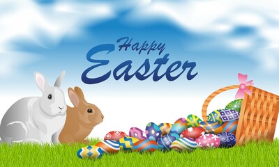 Easter day illustration containing a basket, bunny and various colored easter eggs on a sky background