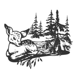 Obraz premium deer in the forest deer in the forest, spruce, pine, hand drawing, black outline
