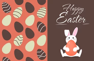 Foto op Canvas Postcard Happy Easter. A sitting rabbit with a painted 3d egg in its paws. Pattern with eggs. International holiday design with typography for greeting card, party invitation. © Valeriia Moskalenko