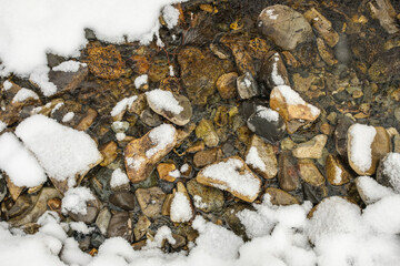 A stream in the snow in winter.