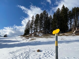 Hiking markings and orientation signs with signposts for navigating in the idyllic winter ambience on the Alpstein mountain massif and in the Swiss Alps - Unterwasser, Switzerland (Schweiz)