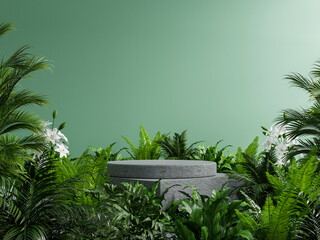 Concrete podium in tropical forest for product presentation and green wall. - obrazy, fototapety, plakaty