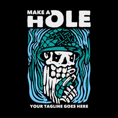 t shirt design make a hole with skull holding grenade and black background vintage illustration