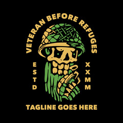 t shirt design veteran before refuges with skull holding grenade and black background vintage illustration